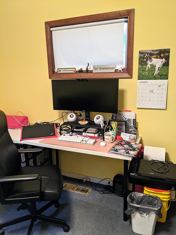 My desk setup with computer, monitor, speakers, keyboard, mouse and printer